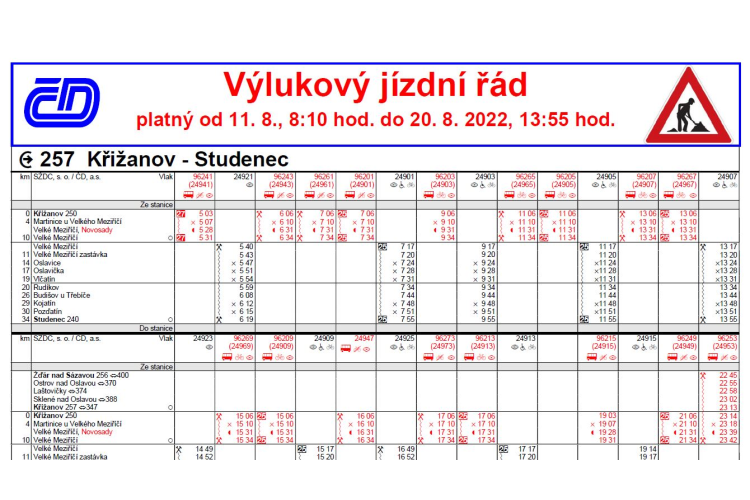 České dráhy - výlukový jízdní řád 11.8. - 20.8.2022