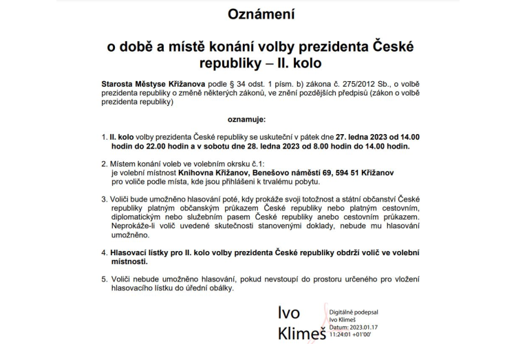 Oznámení o době a místě konání volby prezidenta České republiky – II. kolo